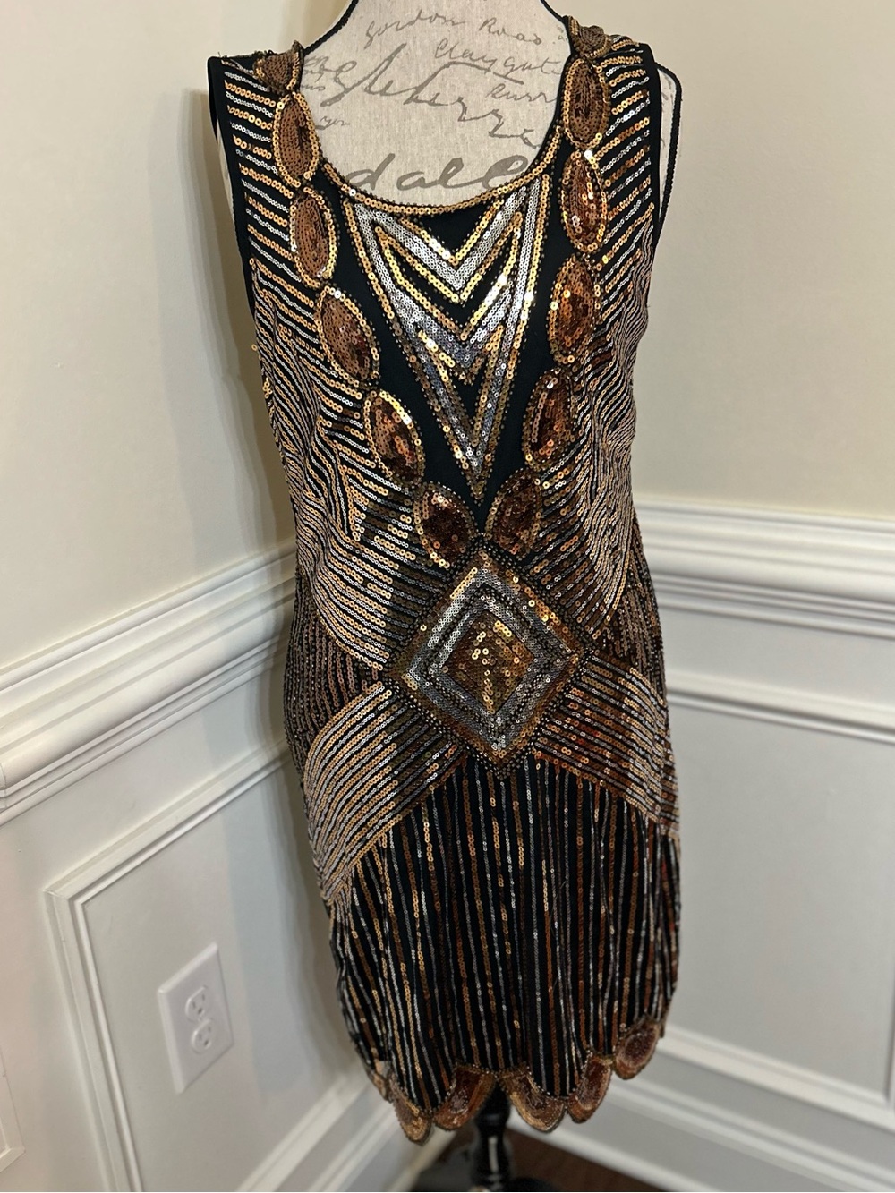 Black &‎ Gold Sequined Art Deco Mini Dress